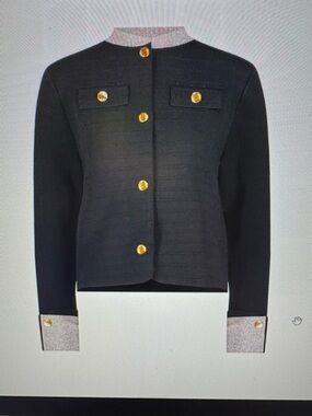 Tailored Black/Heather Trim Knit Cardigan with Gold Button Accents